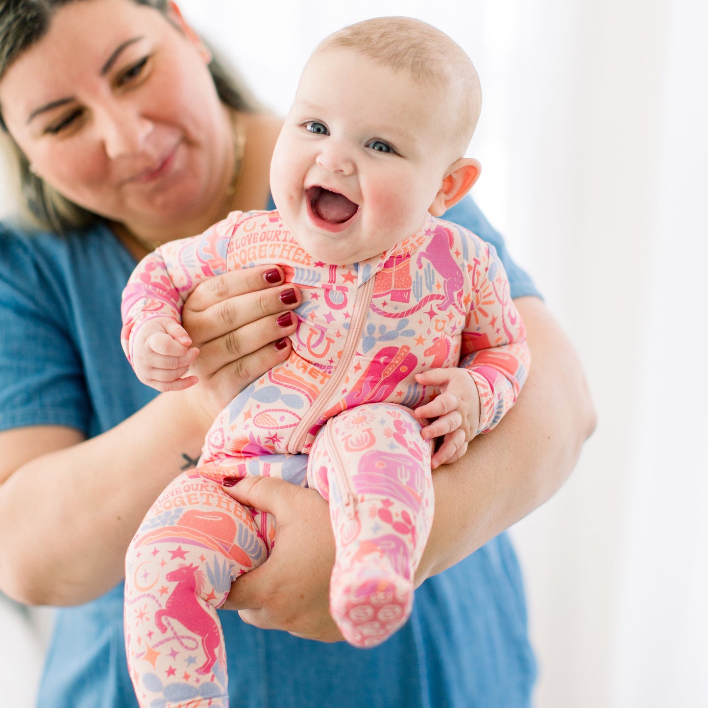 Saddle Up | Bamboo Footie Onesie Sleeper | "I Love Our Time Together" | Thermo-Regulating, Double Zipper, 4-Way Stretch