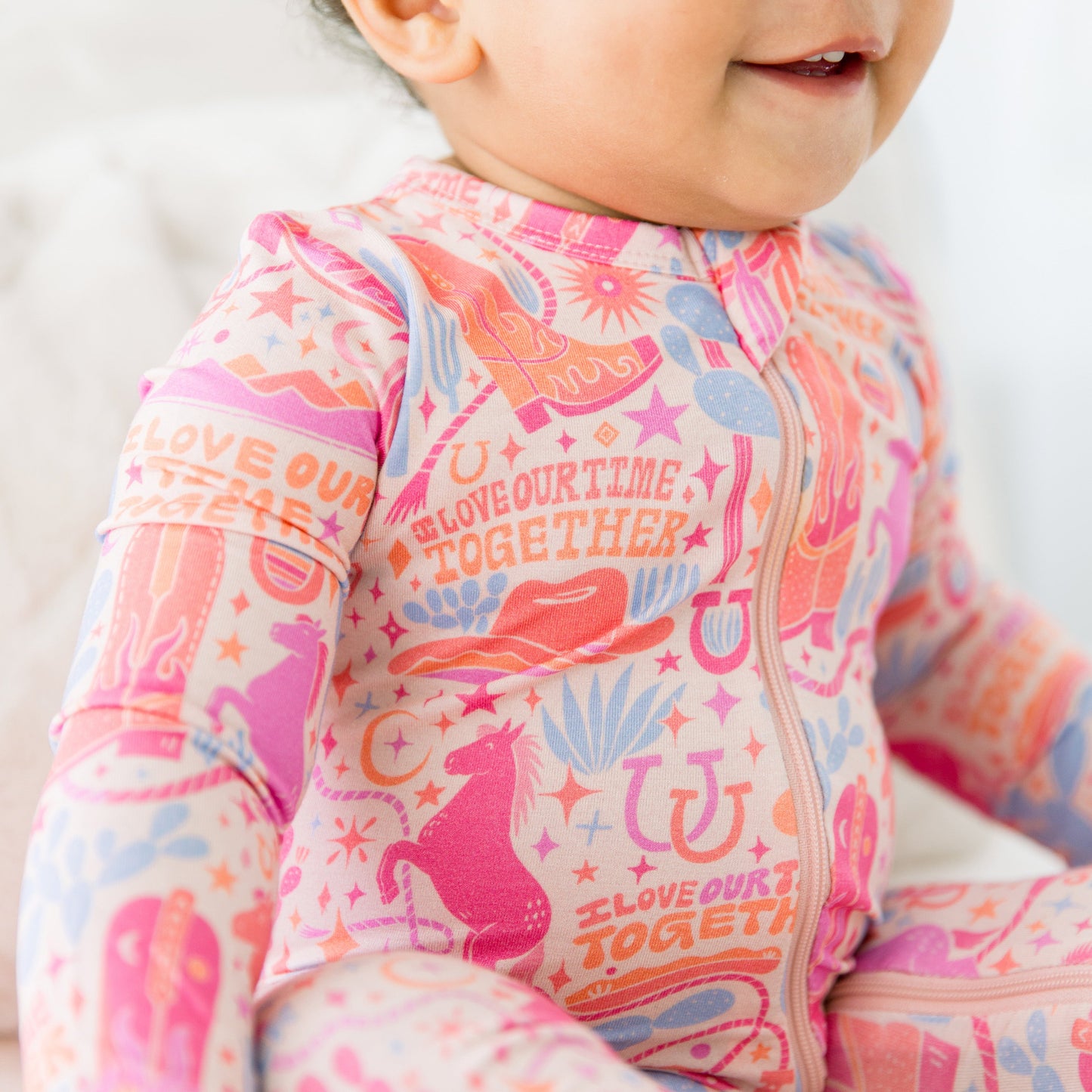 Saddle Up | Bamboo Footless Onesie Romper | "I Love Our Time Together" | Thermo-Regulating, Double Zipper, 4-Way Stretch