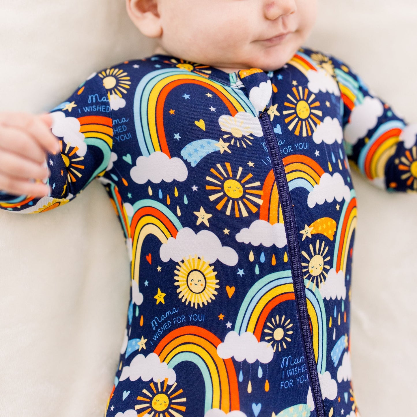 Here Comes the Sunshine (Blue) | Bamboo Footie Onesie Sleeper | "Mama, I Wished for You" | Thermo-Regulating, Double Zipper, 4-Way Stretch