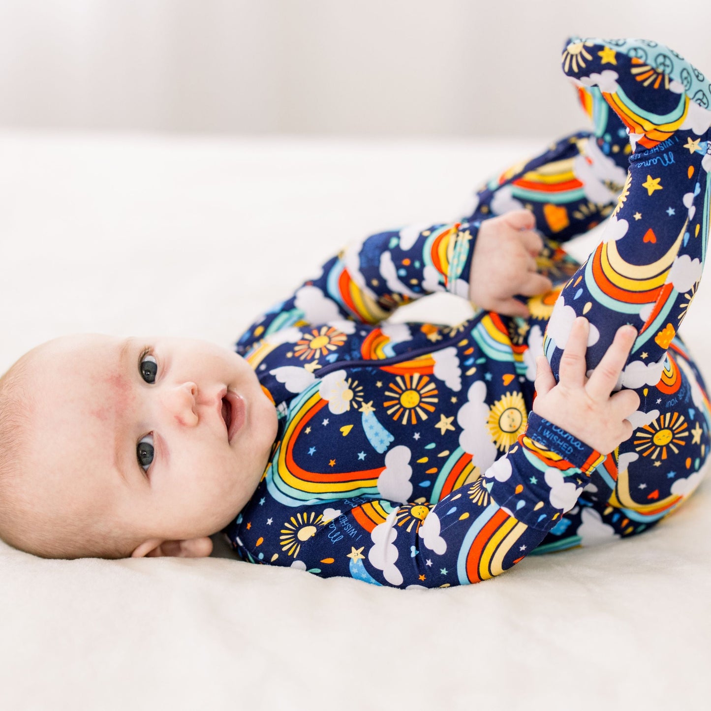 Here Comes the Sunshine (Blue) | Bamboo Footie Onesie Sleeper | "Mama, I Wished for You" | Thermo-Regulating, Double Zipper, 4-Way Stretch
