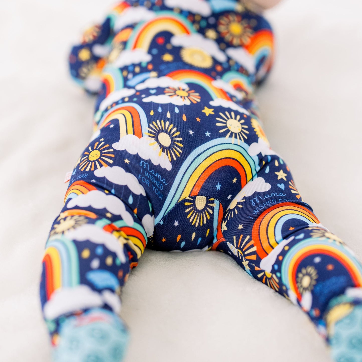 Here Comes the Sunshine (Blue) | Bamboo Footie Onesie Sleeper | "Mama, I Wished for You" | Thermo-Regulating, Double Zipper, 4-Way Stretch