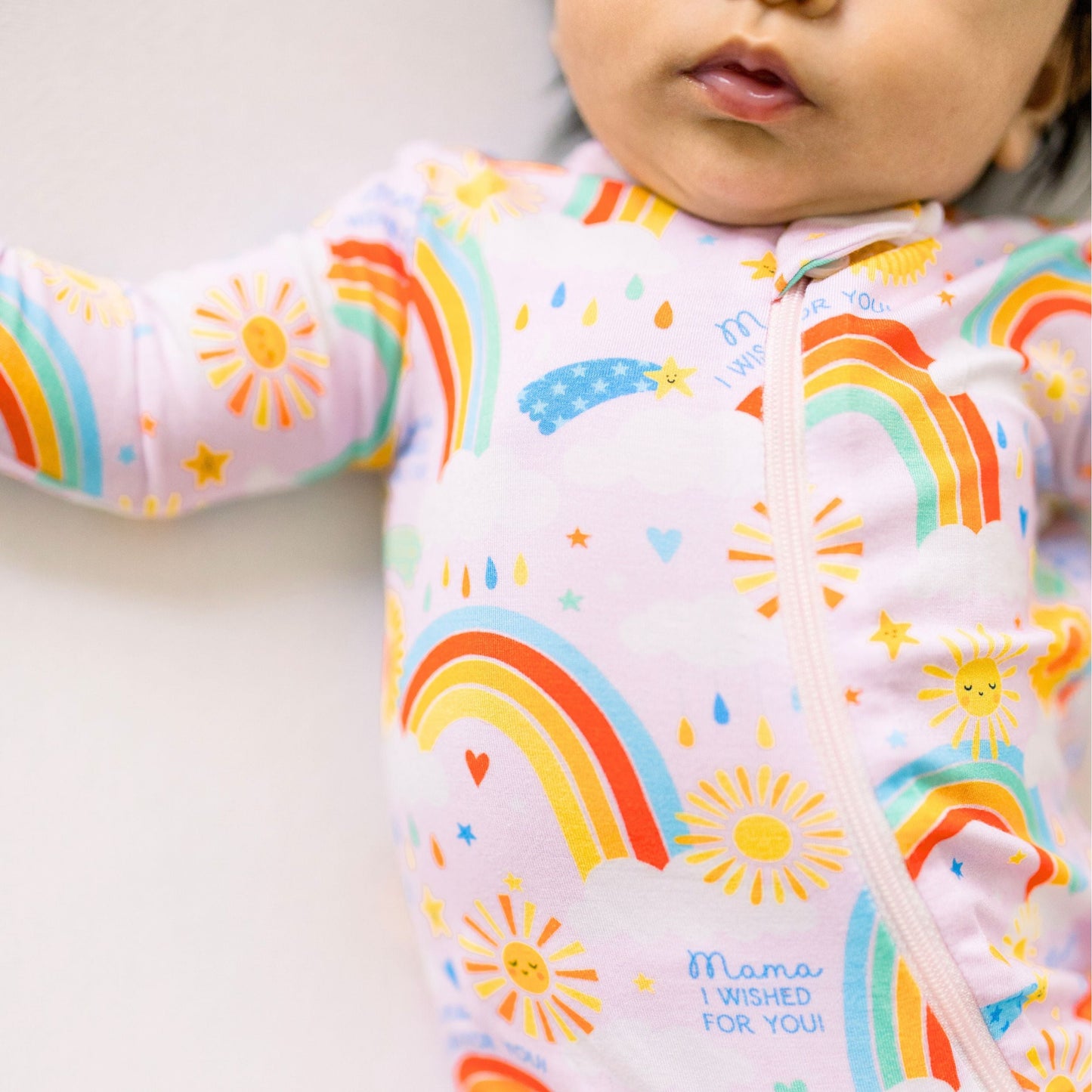 Here Comes the Sunshine (Pink) | Bamboo Footie Onesie Sleeper | "Mama, I Wished for You" | Thermo-Regulating, Double Zipper, 4-Way Stretch