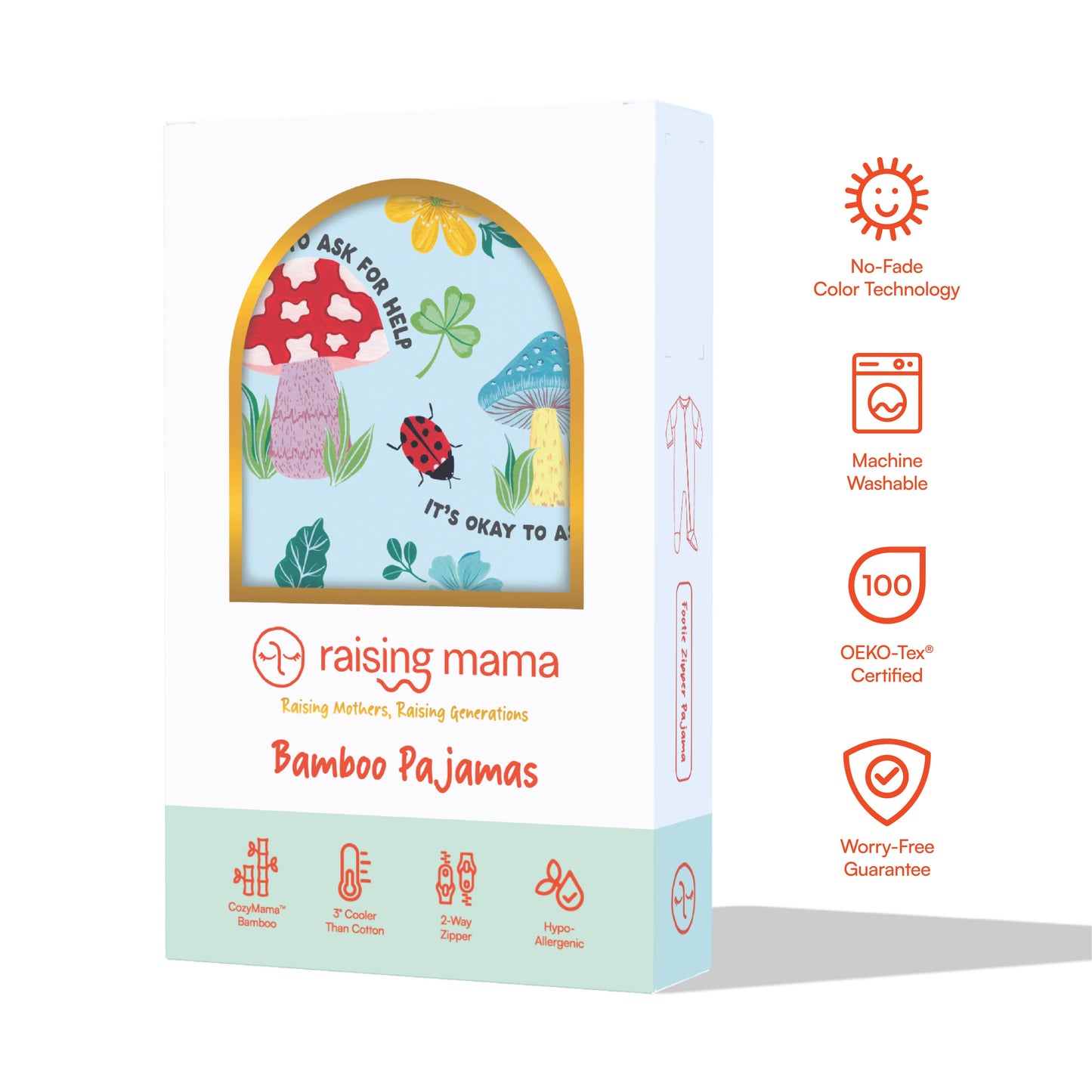 Magic Mushroom | Bamboo Footie Onesie Sleeper | "It's Okay to Ask for Help" | Thermo-Regulating, Double Zipper, 4-Way Stretch