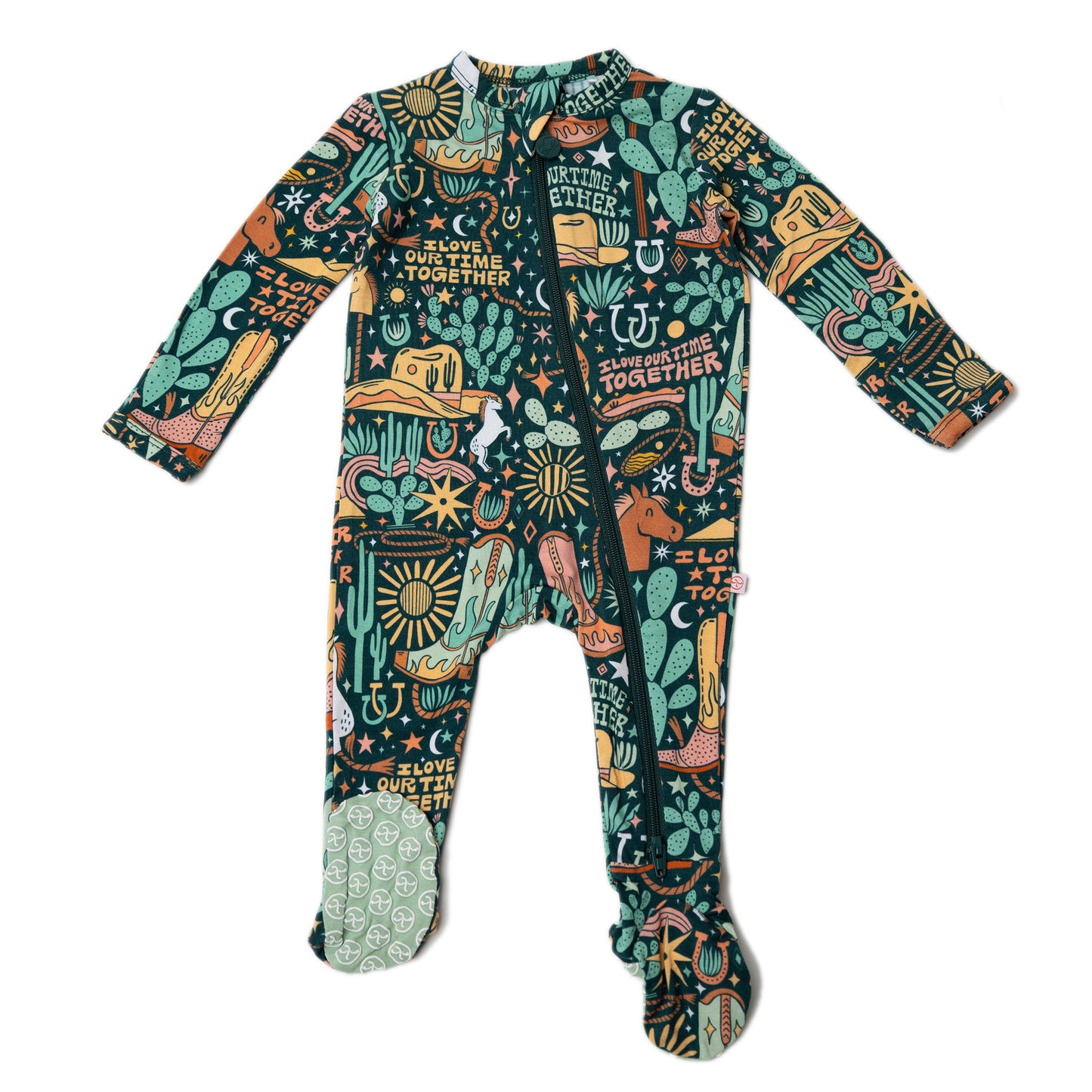 Wild West | Bamboo Footie Onesie Sleeper | "I Love Our Time Together" | Thermo-Regulating, Double Zipper, 4-Way Stretch