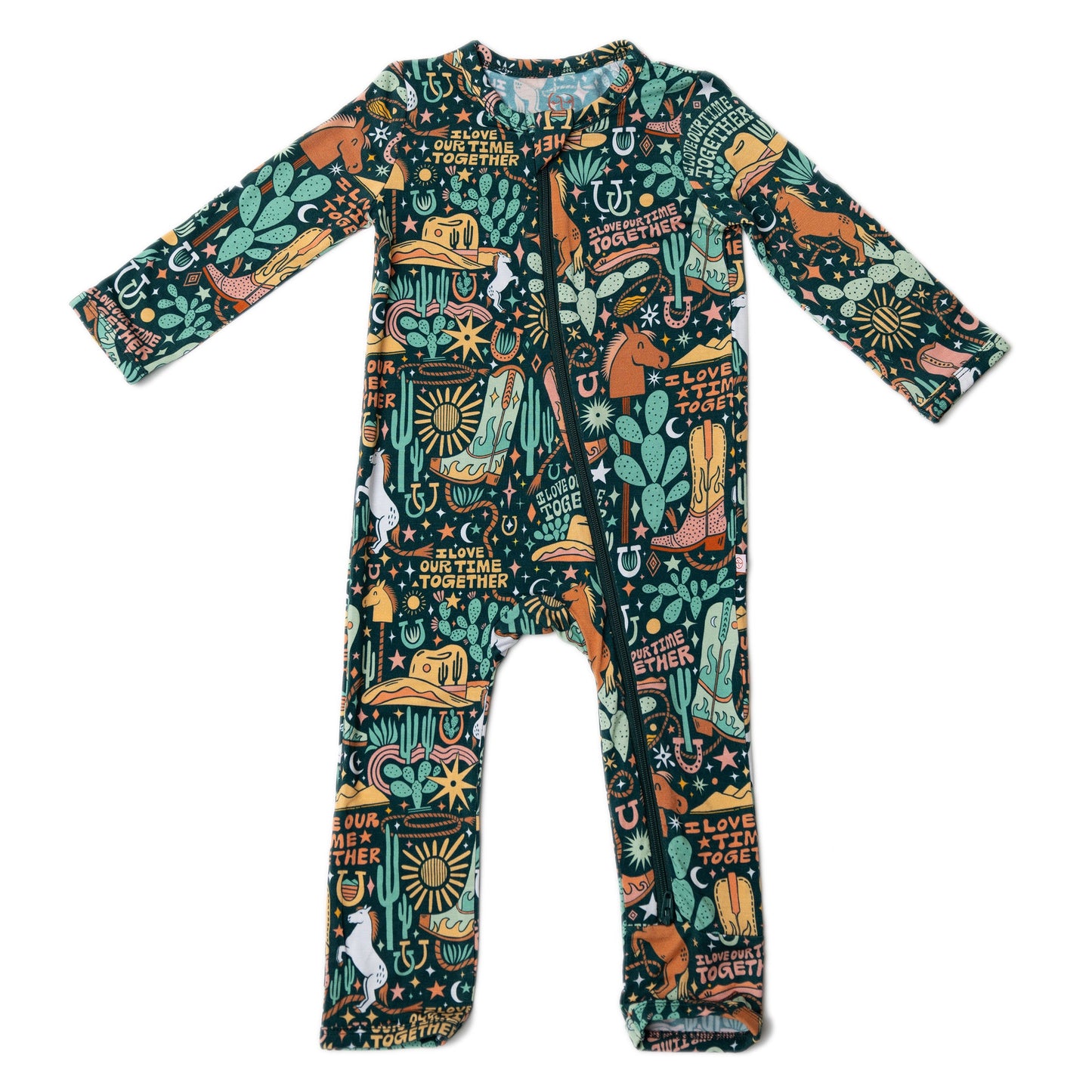 Wild West | Bamboo Footless Onesie Romper | "I Love Our Time Together" | Thermo-Regulating, Double Zipper, 4-Way Stretch