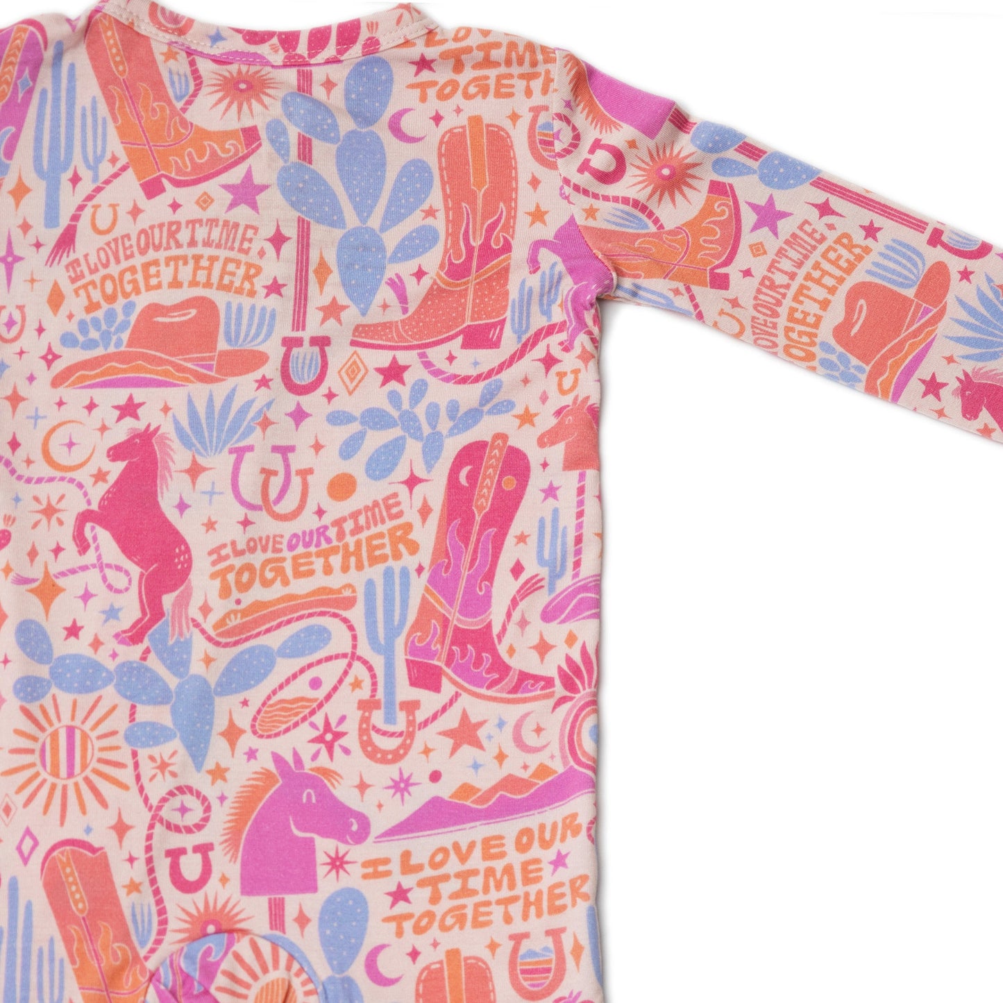 Saddle Up | Bamboo Footless Onesie Romper | "I Love Our Time Together" | Thermo-Regulating, Double Zipper, 4-Way Stretch
