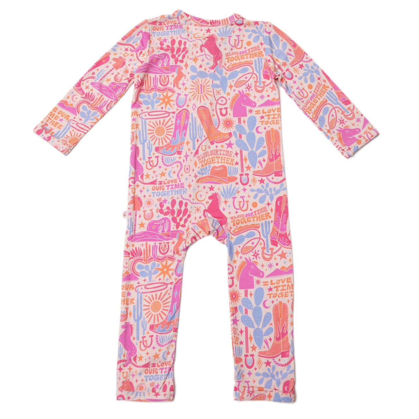 Saddle Up | Bamboo Footless Onesie Romper | "I Love Our Time Together" | Thermo-Regulating, Double Zipper, 4-Way Stretch