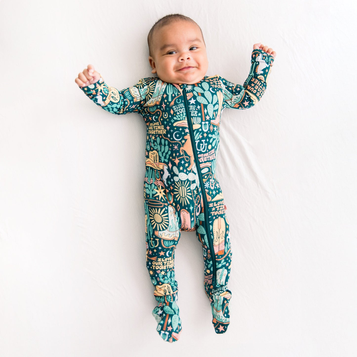 Wild West | Bamboo Footie Onesie Sleeper | "I Love Our Time Together" | Thermo-Regulating, Double Zipper, 4-Way Stretch