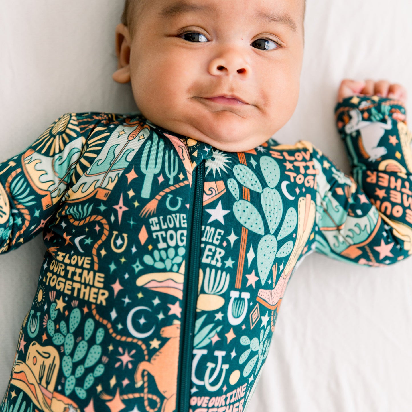 Wild West | Bamboo Footie Onesie Sleeper | "I Love Our Time Together" | Thermo-Regulating, Double Zipper, 4-Way Stretch