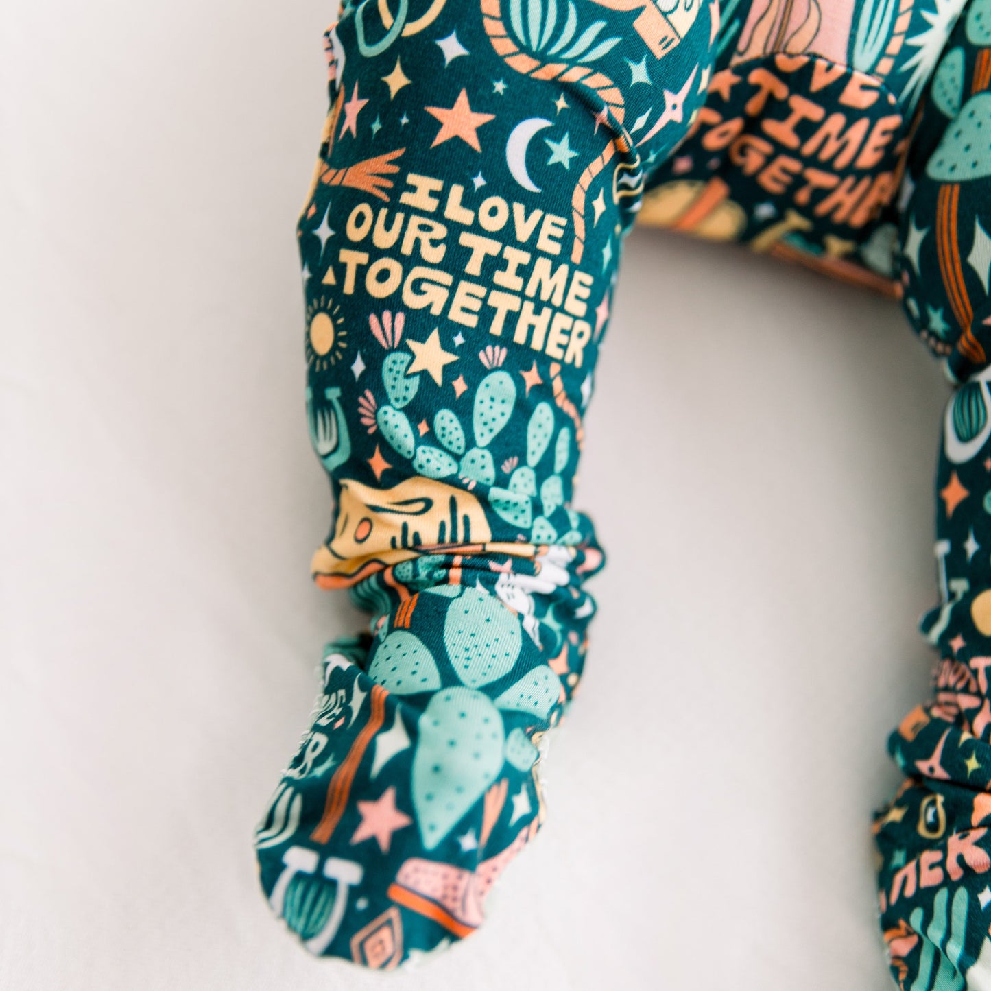Wild West | Bamboo Footie Onesie Sleeper | "I Love Our Time Together" | Thermo-Regulating, Double Zipper, 4-Way Stretch