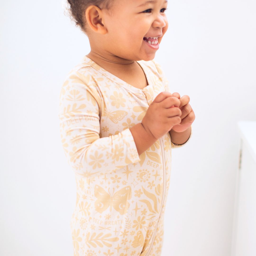 Om Baby Beige | Bamboo Footless Onesie Romper | "Deep Breath" | Thermo-Regulating, Double Zipper, 4-Way Stretch