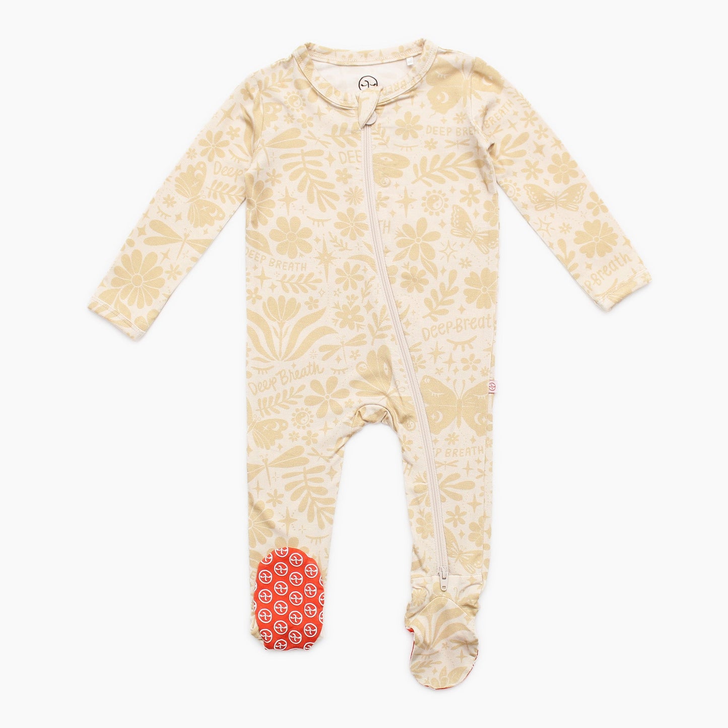 Om Baby Beige | Bamboo Footie Onesie Sleeper | "Deep Breath" | Thermo-Regulating, Double Zipper, 4-Way Stretch