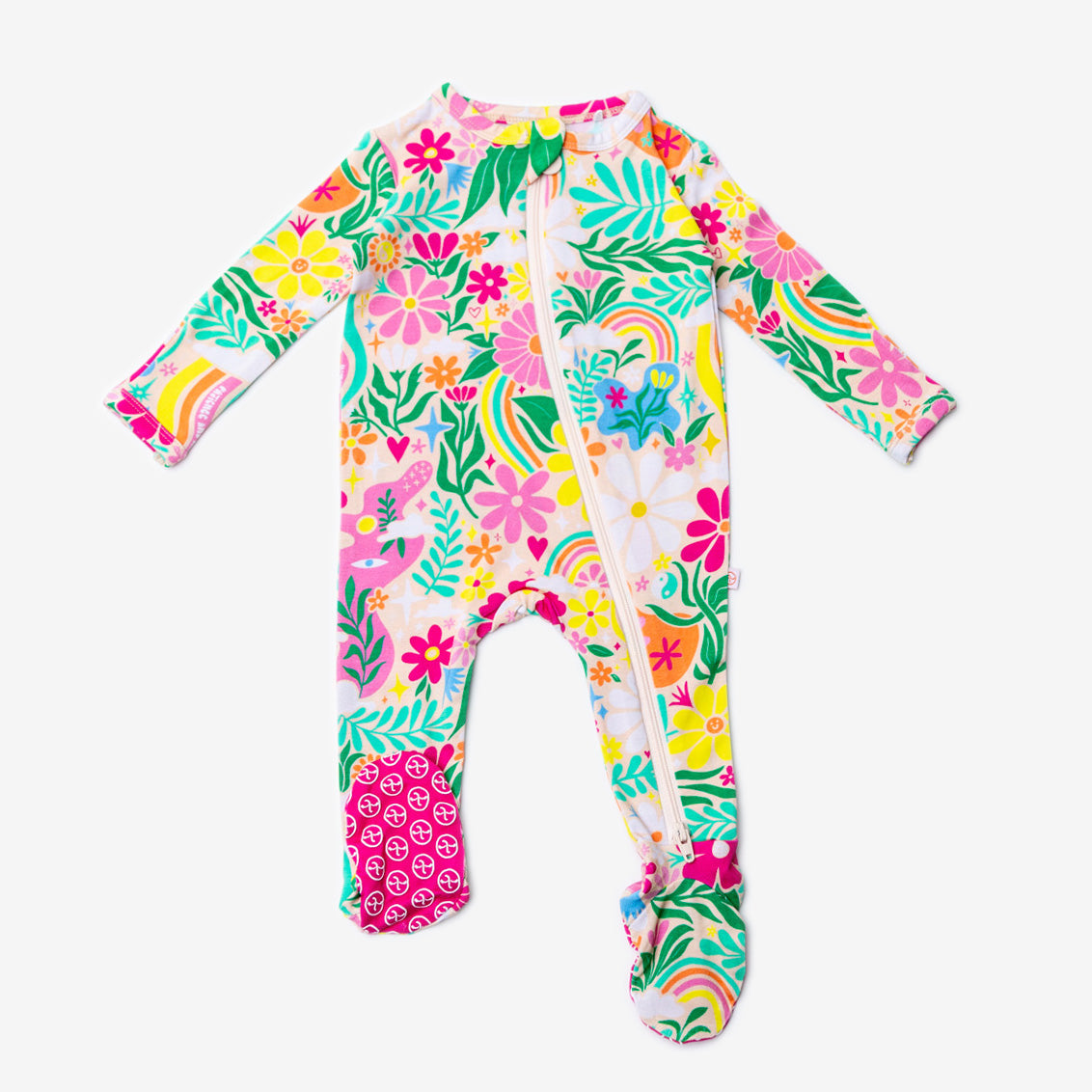 Rainbow Daisy Babe | Bamboo Footie Onesie Sleeper | "Patience & Kindness" | Thermo-Regulating, Double Zipper, 4-Way Stretch