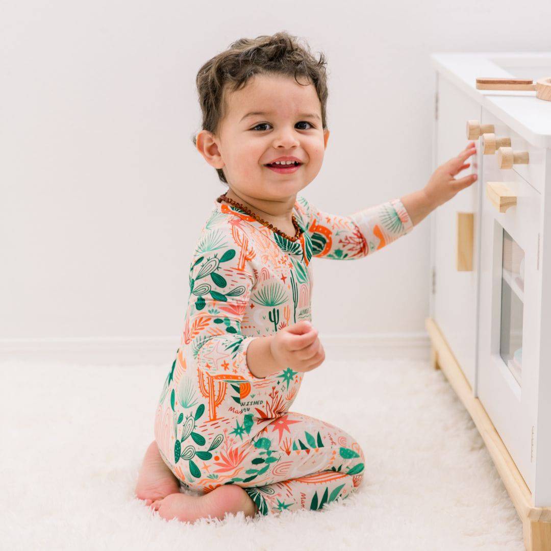 Desert Cactus Vibes | Bamboo Footless Onesie Romper | "Mama, I Wished for You" | Thermo-Regulating, Double Zipper, 4-Way Stretch