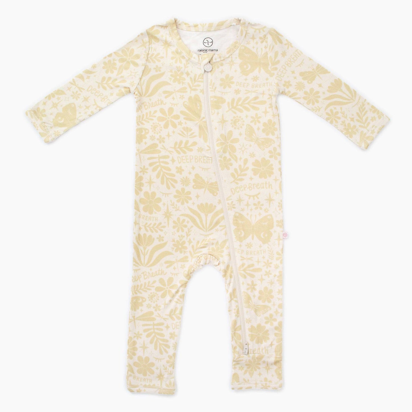 Om Baby Beige | Bamboo Footless Onesie Romper | "Deep Breath" | Thermo-Regulating, Double Zipper, 4-Way Stretch