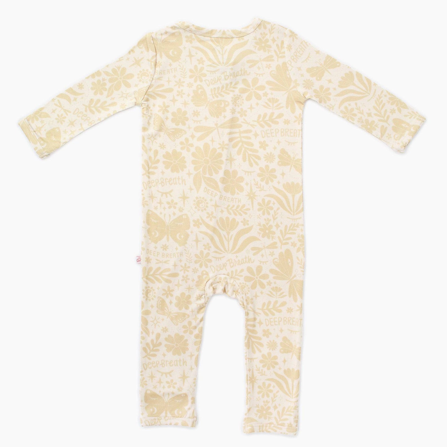 Om Baby Beige | Bamboo Footless Onesie Romper | "Deep Breath" | Thermo-Regulating, Double Zipper, 4-Way Stretch
