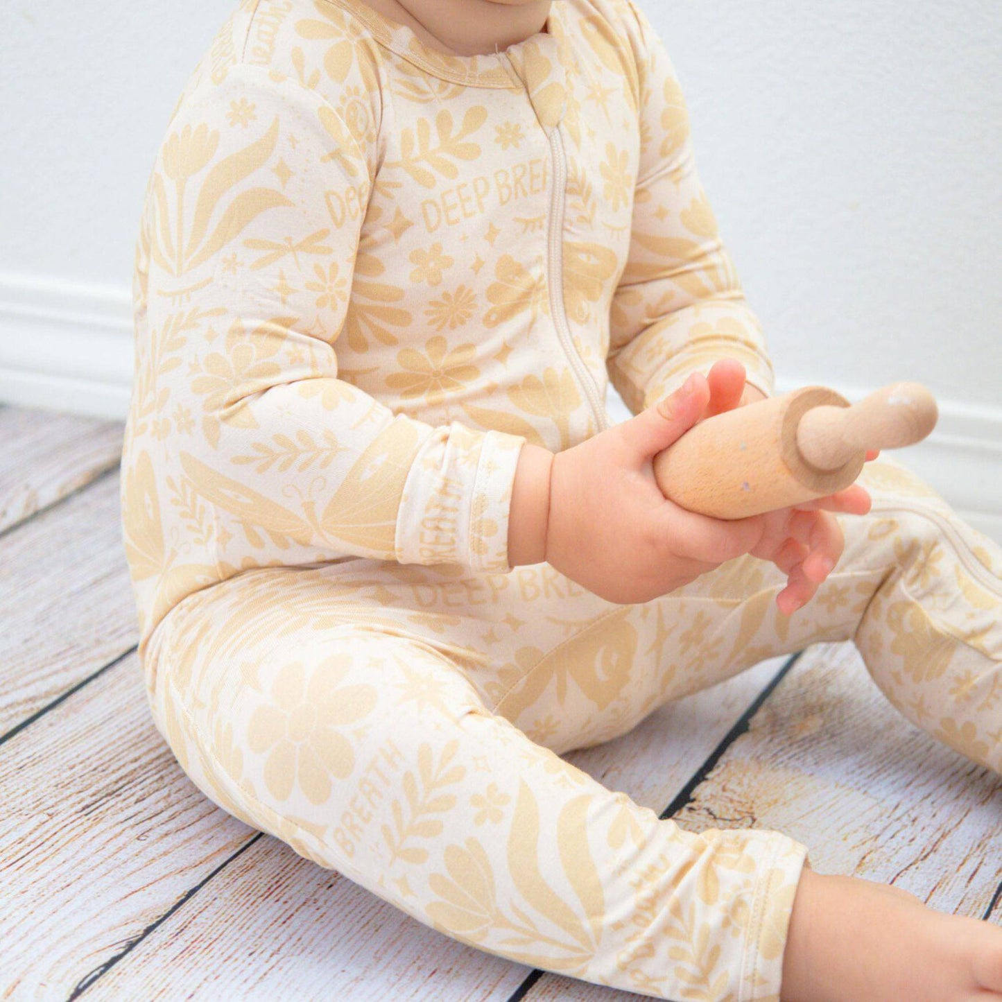 Om Baby Beige | Bamboo Footless Onesie Romper | "Deep Breath" | Thermo-Regulating, Double Zipper, 4-Way Stretch