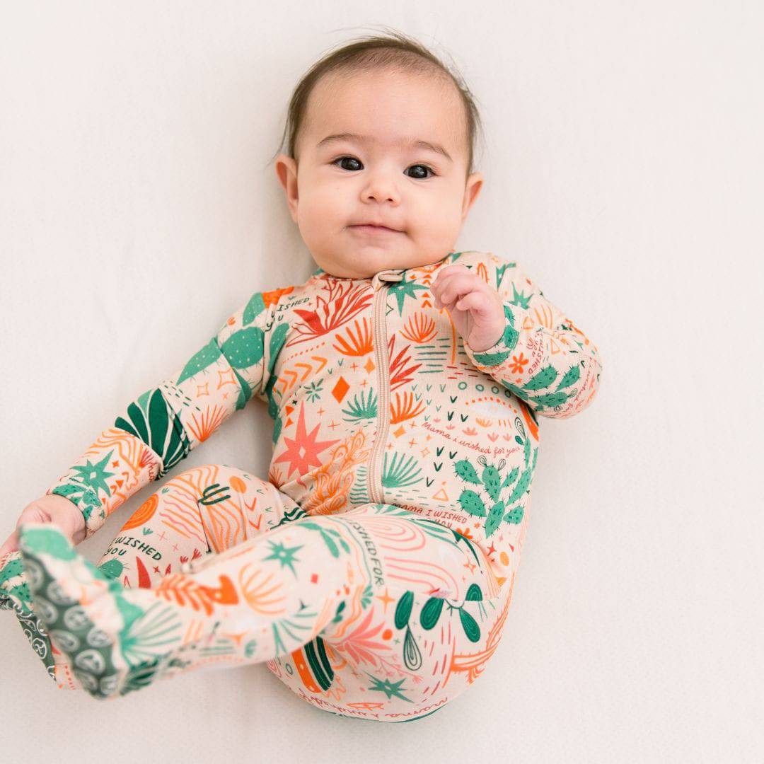 Desert Cactus Vibes | Bamboo Footie Onesie Sleeper | "Mama, I Wished for You" | Thermo-Regulating, Double Zipper, 4-Way Stretch