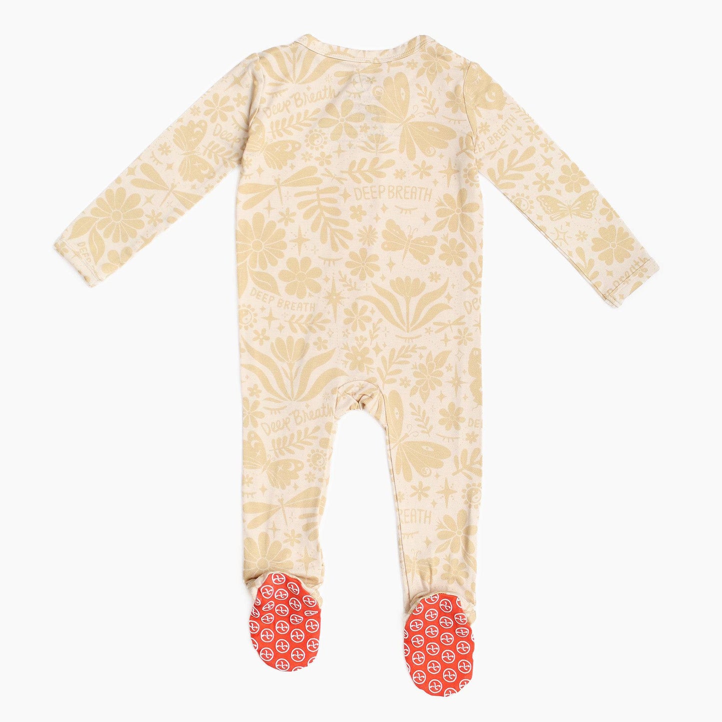 Om Baby Beige | Bamboo Footie Onesie Sleeper | "Deep Breath" | Thermo-Regulating, Double Zipper, 4-Way Stretch