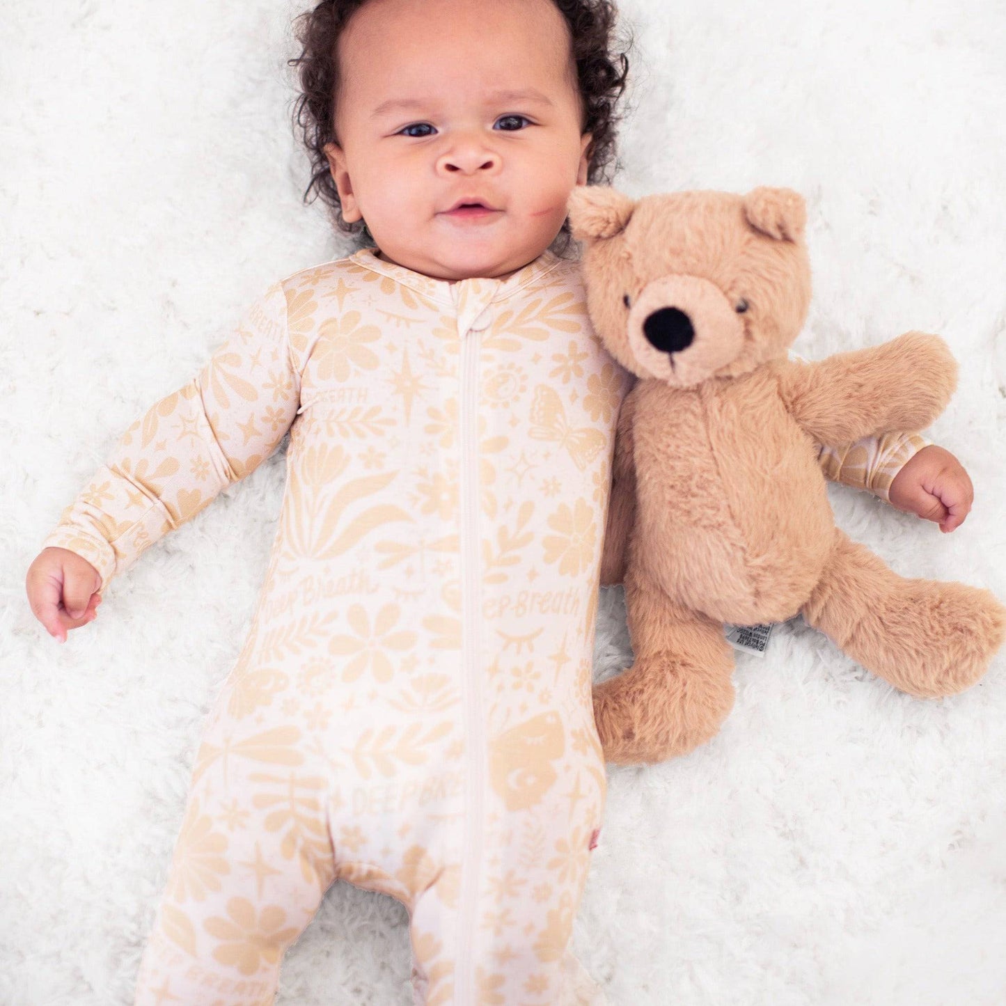 Om Baby Beige | Bamboo Footie Onesie Sleeper | "Deep Breath" | Thermo-Regulating, Double Zipper, 4-Way Stretch