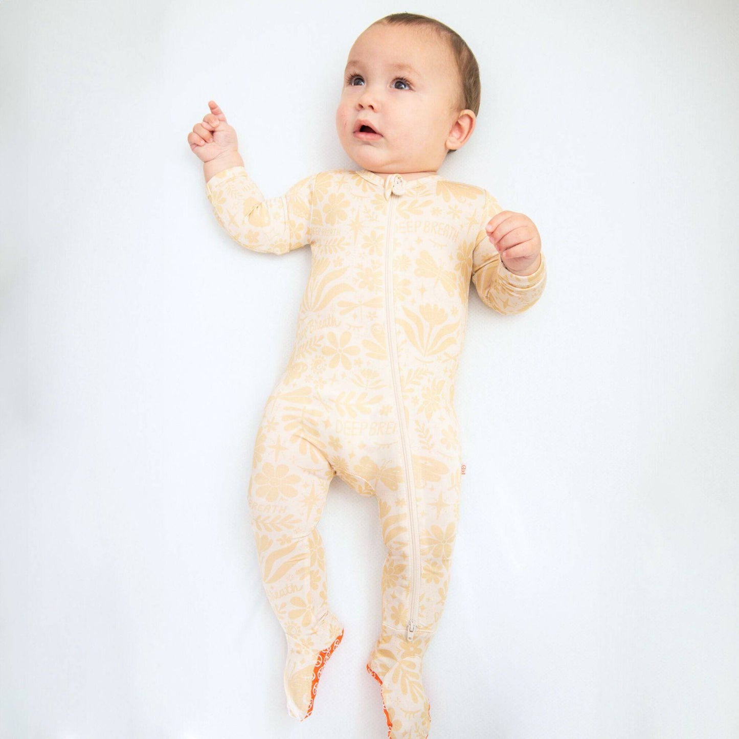 Om Baby Beige | Bamboo Footie Onesie Sleeper | "Deep Breath" | Thermo-Regulating, Double Zipper, 4-Way Stretch