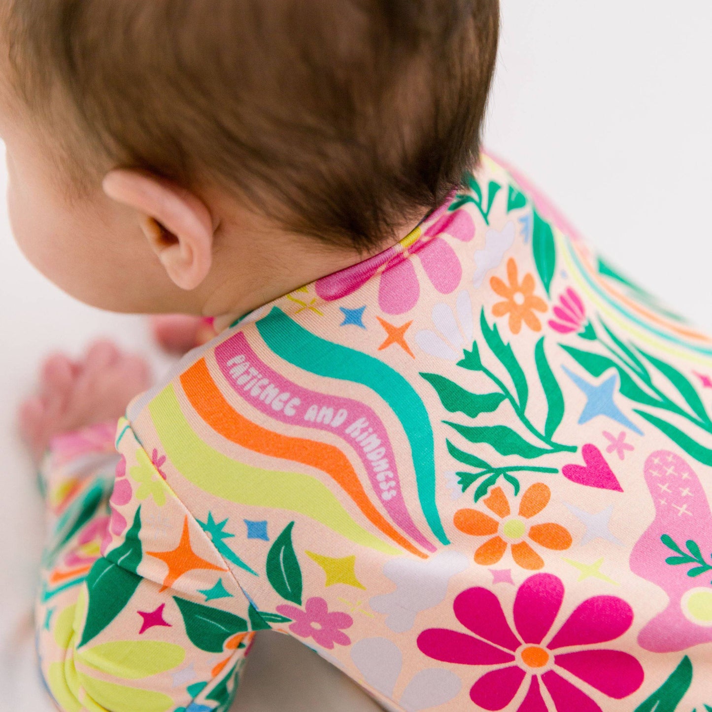 Rainbow Daisy Babe | Bamboo Footie Onesie Sleeper | "Patience & Kindness" | Thermo-Regulating, Double Zipper, 4-Way Stretch