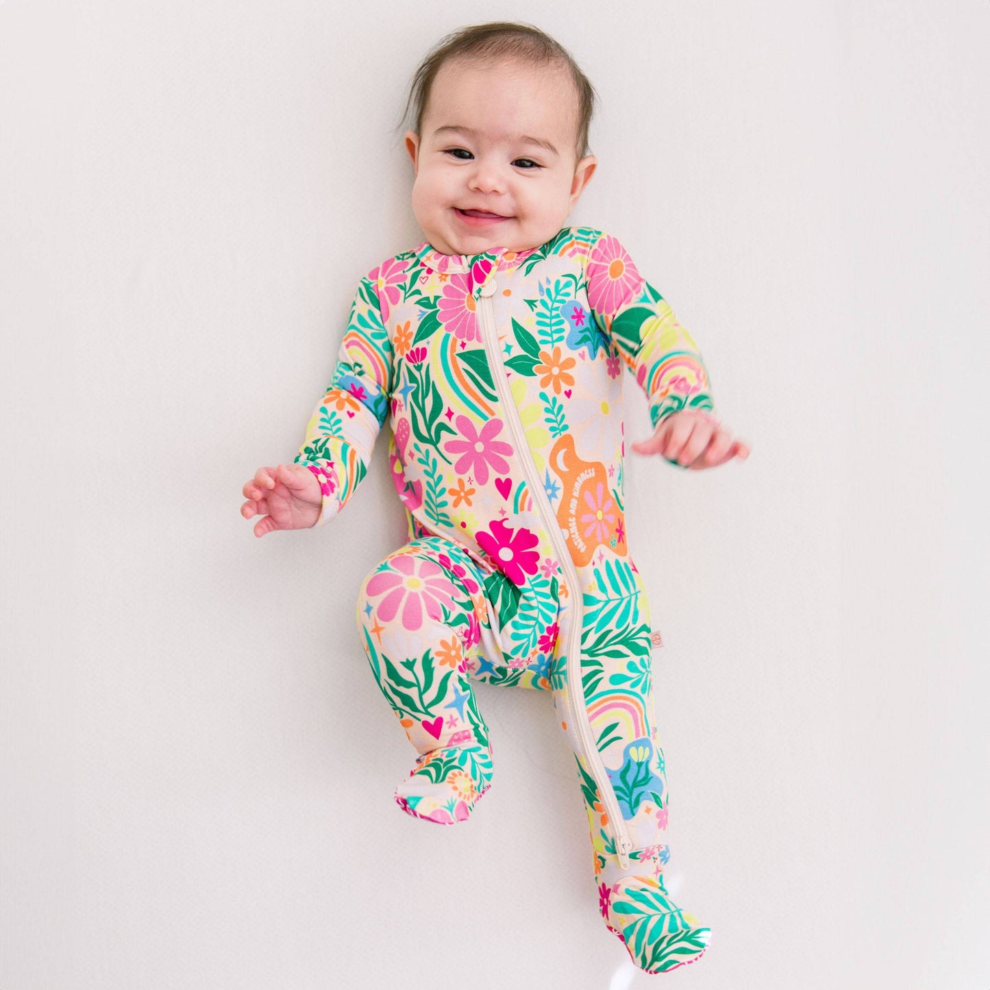 Rainbow Daisy Babe | Bamboo Footie Onesie Sleeper | "Patience & Kindness" | Thermo-Regulating, Double Zipper, 4-Way Stretch