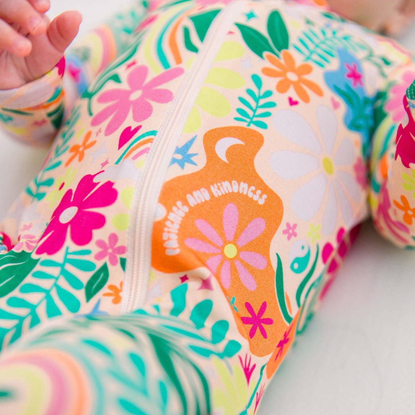 Rainbow Daisy Babe | Bamboo Footie Onesie Sleeper | "Patience & Kindness" | Thermo-Regulating, Double Zipper, 4-Way Stretch