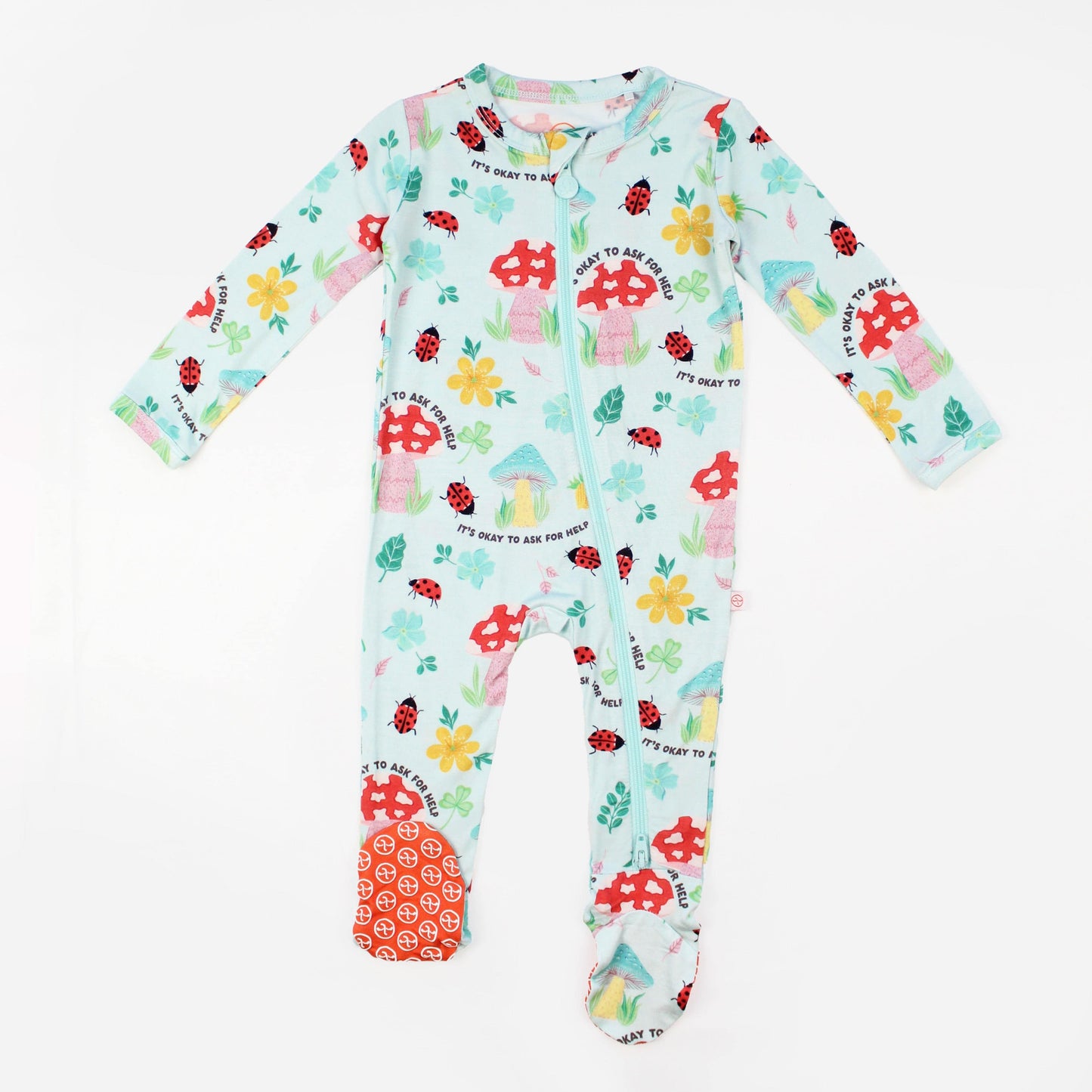 Magic Mushroom | Bamboo Footie Onesie Sleeper | "It's Okay to Ask for Help" | Thermo-Regulating, Double Zipper, 4-Way Stretch