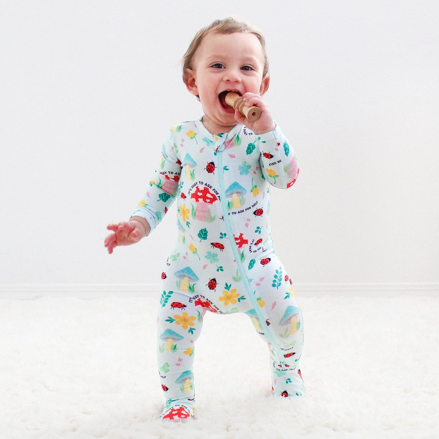 Magic Mushroom | Bamboo Footie Onesie Sleeper | "It's Okay to Ask for Help" | Thermo-Regulating, Double Zipper, 4-Way Stretch