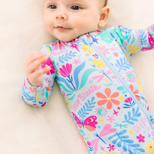 Om Baby | Bamboo Footie Onesie Sleeper | "Deep Breath" | Thermo-Regulating, Double Zipper, 4-Way Stretch