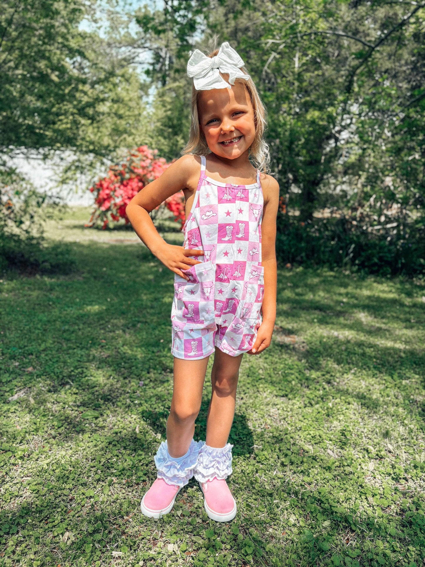 Pink Western Checkered Romper