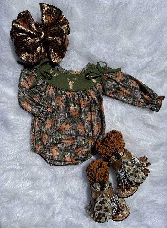 Girls Camo Deer smocked romper