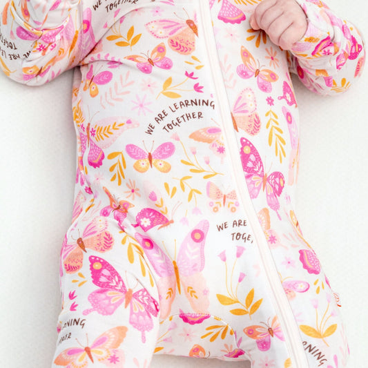 Butterfly Smoochies | Bamboo Footie Onesie Sleeper | "We're Learning Together" | Thermo-Regulating, Double Zipper, 4-Way Stretch
