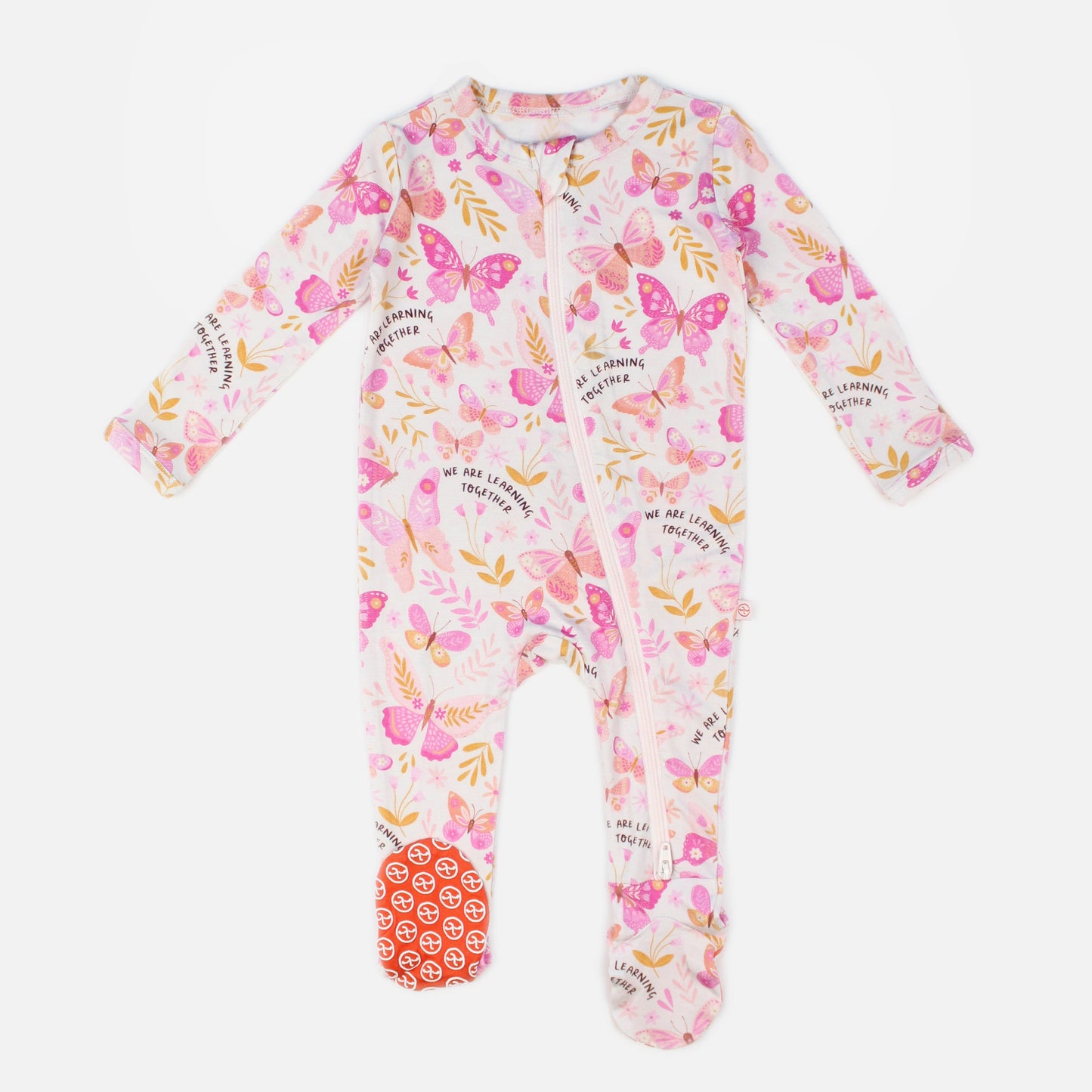 Butterfly Smoochies | Bamboo Footie Onesie Sleeper | "We're Learning Together" | Thermo-Regulating, Double Zipper, 4-Way Stretch