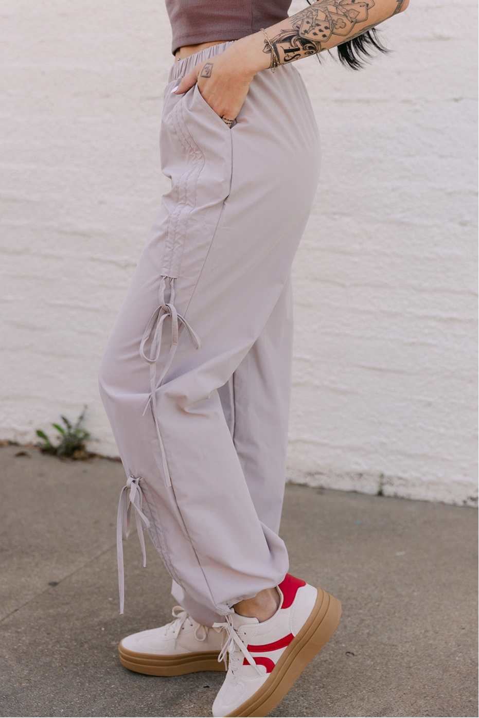 The Leighton Bow Track Pant in Almond
