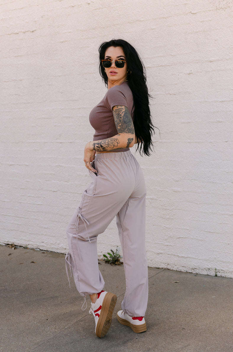 The Leighton Bow Track Pant in Almond