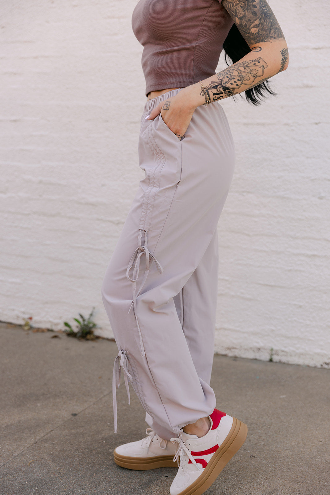 The Leighton Bow Track Pant in Almond