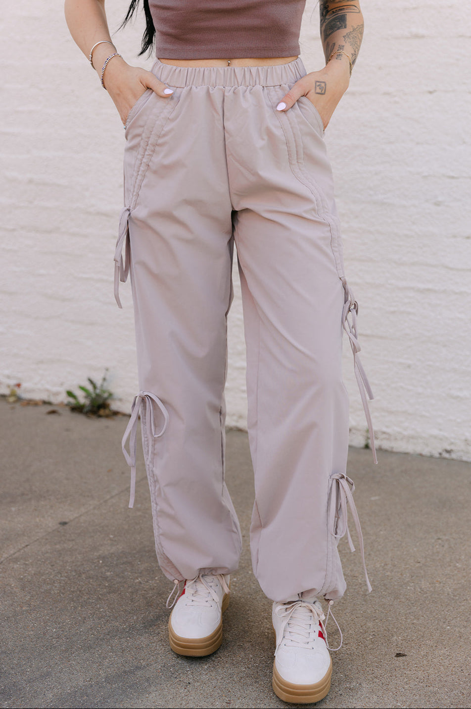 The Leighton Bow Track Pant in Almond