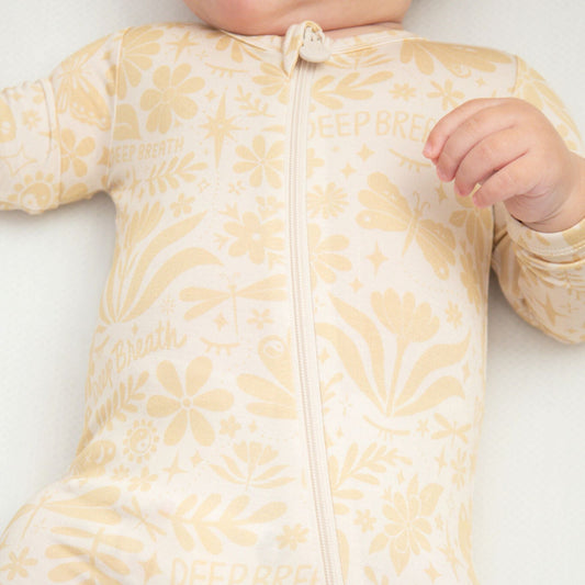 Om Baby Beige | Bamboo Footie Onesie Sleeper | "Deep Breath" | Thermo-Regulating, Double Zipper, 4-Way Stretch