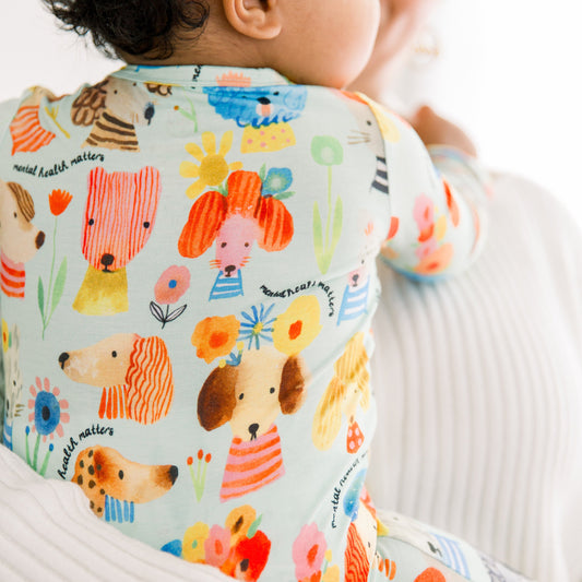 Mindful Doggos | Bamboo Footless Onesie Romper | "Mental Health Matters" | Thermo-Regulating, Double Zipper, 4-Way Stretch