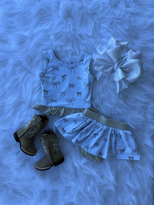 Sad Biege Bow Skirted Romper set