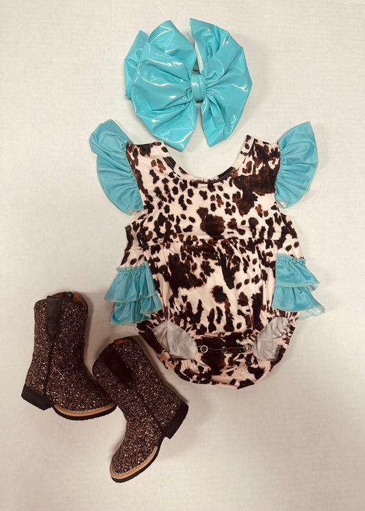 Cow Print With Mint Ruffles Romper