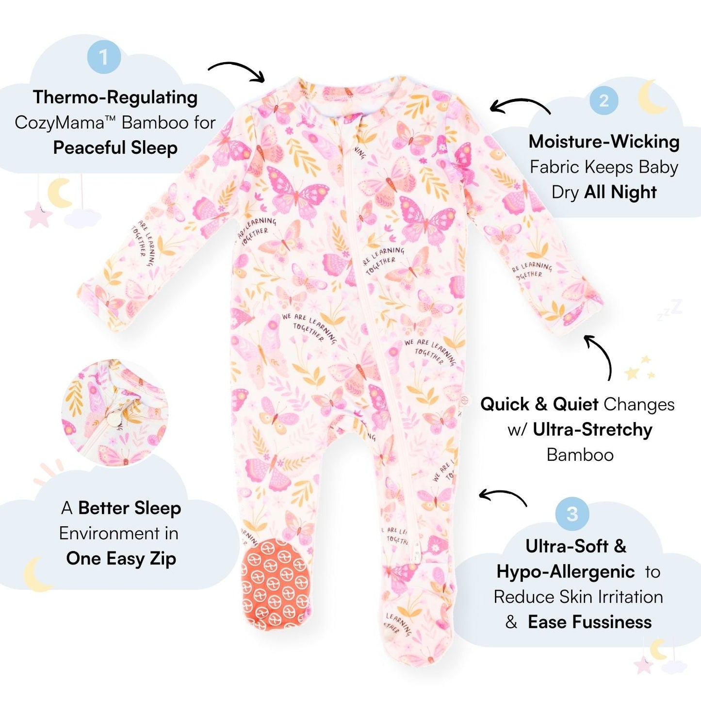 Butterfly Smoochies | Bamboo Footie Onesie Sleeper | "We're Learning Together" | Thermo-Regulating, Double Zipper, 4-Way Stretch