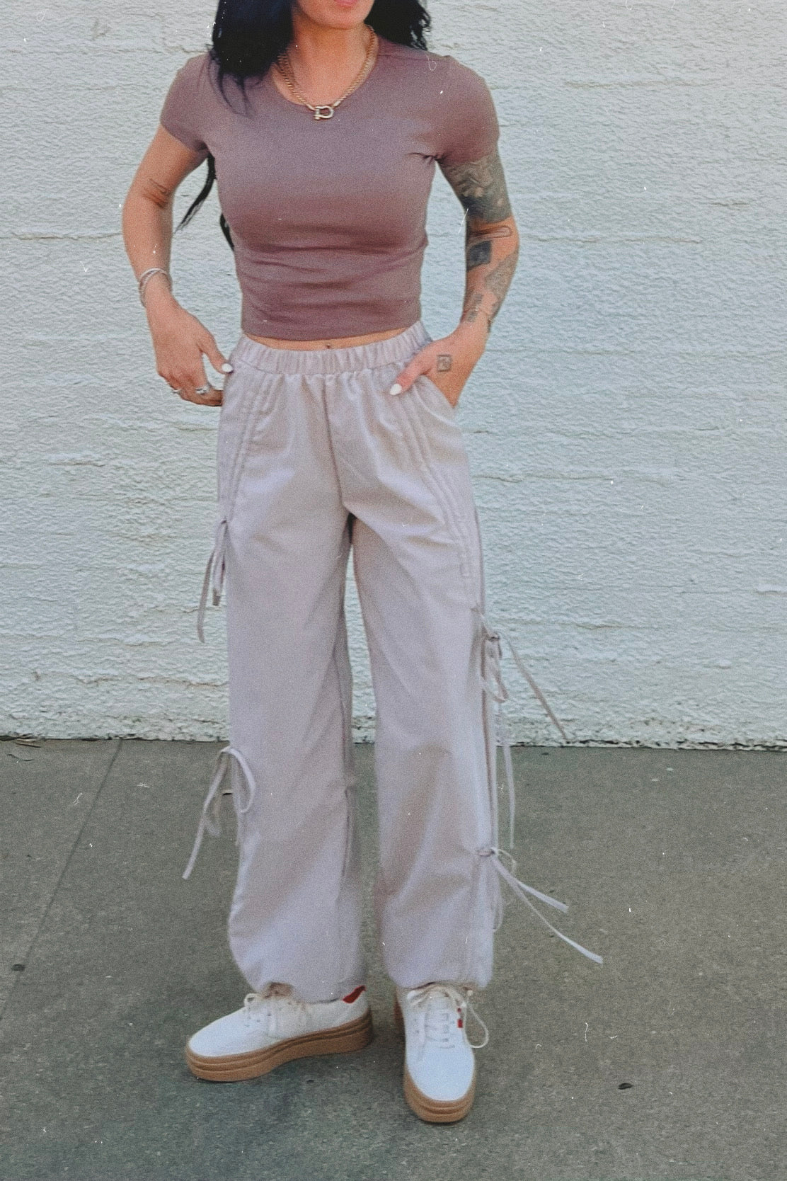 The Leighton Bow Track Pant in Almond