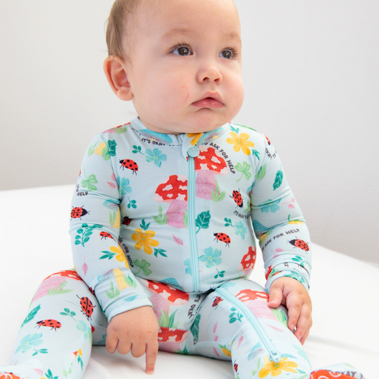 Magic Mushroom | Bamboo Footie Onesie Sleeper | "It's Okay to Ask for Help" | Thermo-Regulating, Double Zipper, 4-Way Stretch
