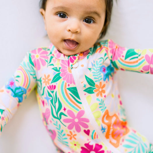 Rainbow Daisy Babe | Bamboo Footie Onesie Sleeper | "Patience & Kindness" | Thermo-Regulating, Double Zipper, 4-Way Stretch