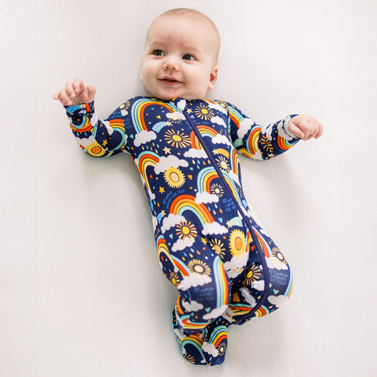Here Comes the Sunshine (Blue) | Bamboo Footie Onesie Sleeper | "Mama, I Wished for You" | Thermo-Regulating, Double Zipper, 4-Way Stretch
