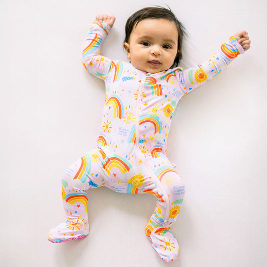 Here Comes the Sunshine (Pink) | Bamboo Footie Onesie Sleeper | "Mama, I Wished for You" | Thermo-Regulating, Double Zipper, 4-Way Stretch