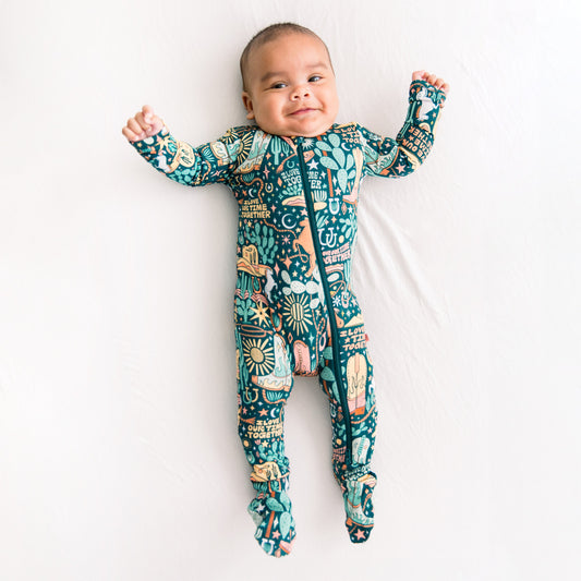 Wild West | Bamboo Footie Onesie Sleeper | "I Love Our Time Together" | Thermo-Regulating, Double Zipper, 4-Way Stretch